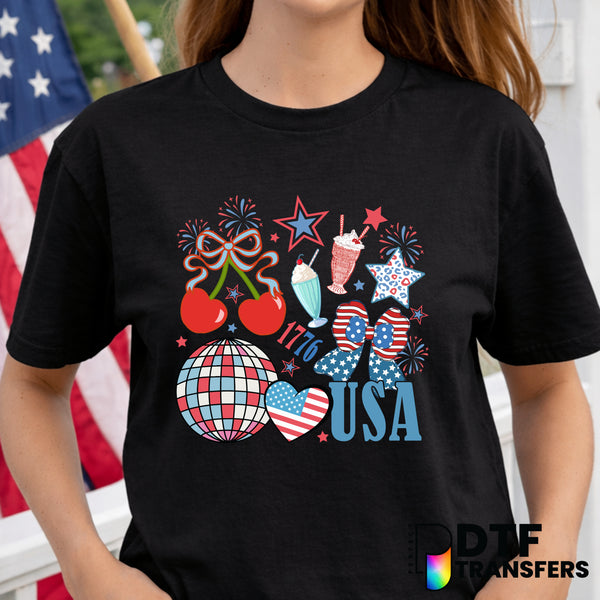 Cherries American Flag Bow Collage – Fourth of July DTF Transfer