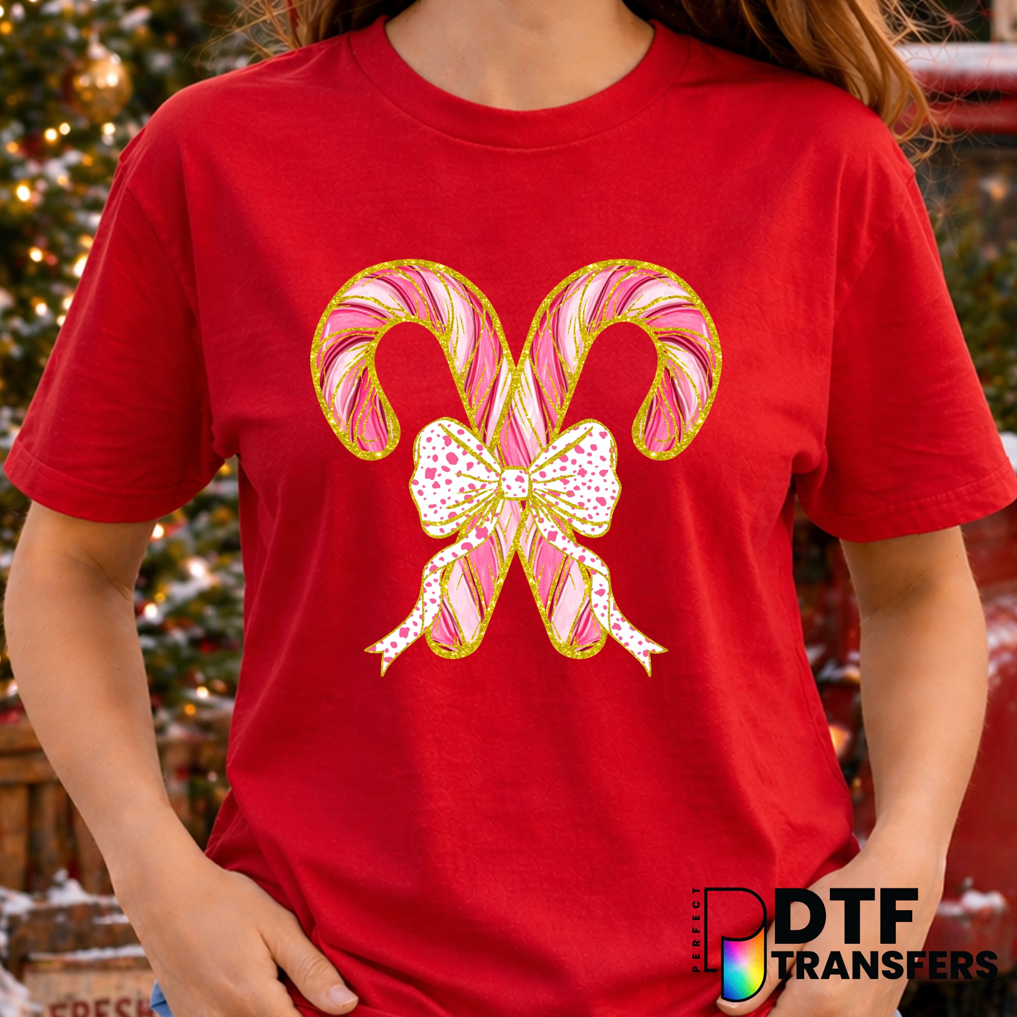 Pink and Gold Candy Cane Coquette Bow Christmas – Christmas DTF Transfer