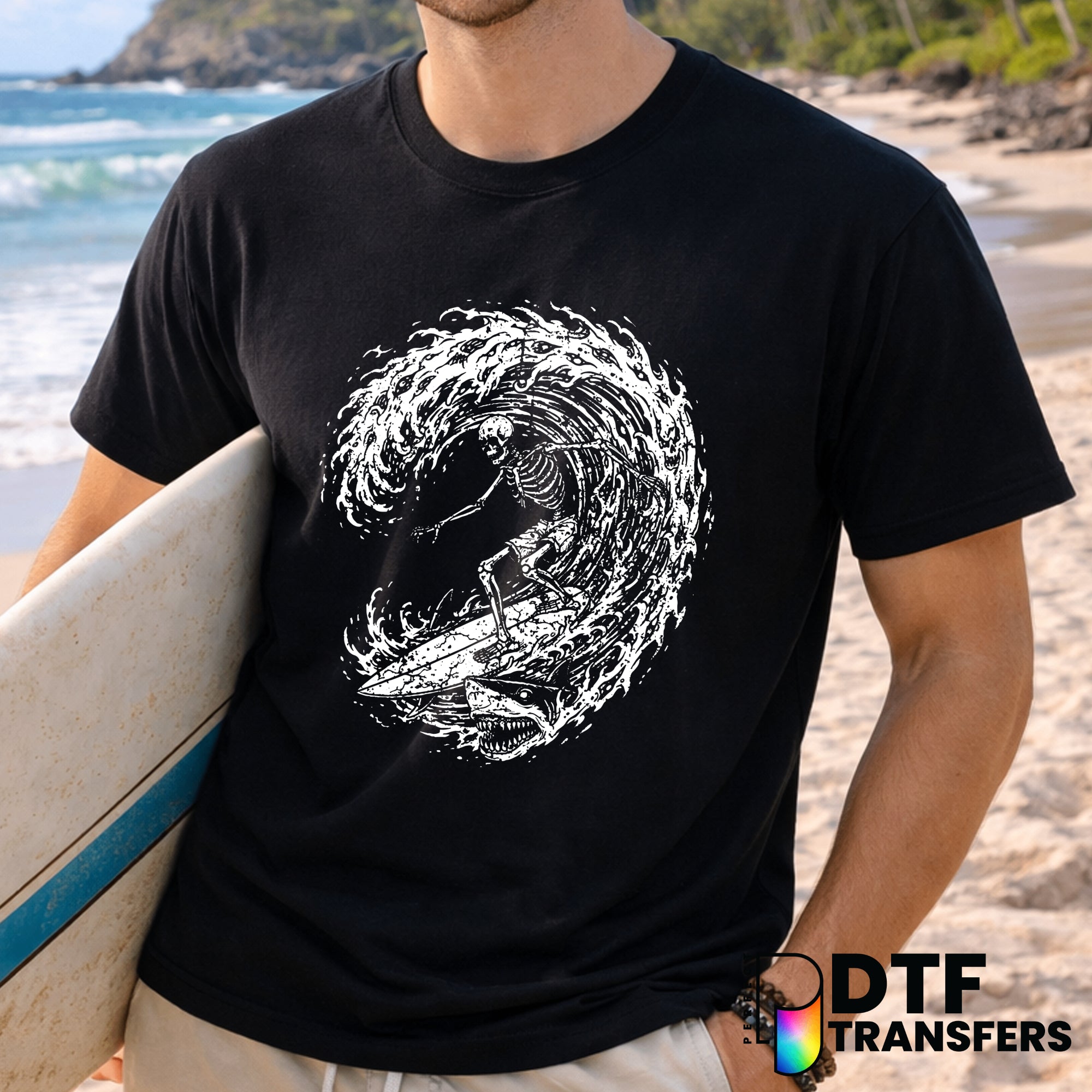 Retro Skeleton Surfing with Sharks – Surfing DTF Transfer