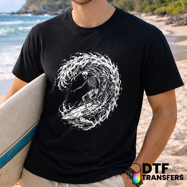 Retro Skeleton Surfing with Sharks – Surfing DTF Transfer