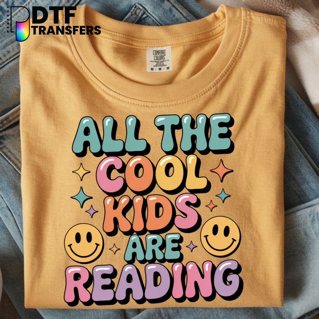 All The Cool Kids Are Reading" & "Reading" with Books & Glasses – Teacher DTF Transfer