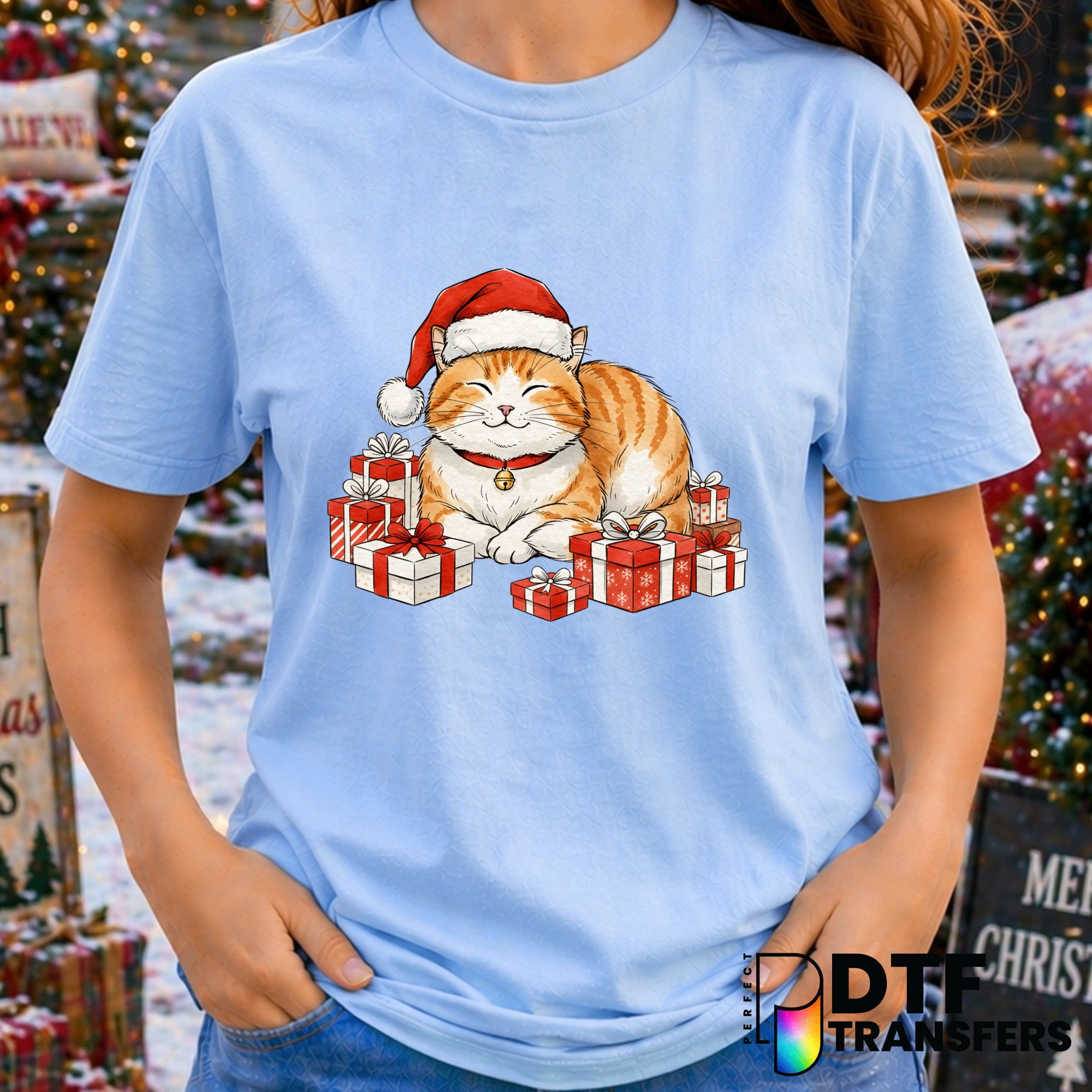 Cute Orange Cat with Presents – Christmas DTF Transfer