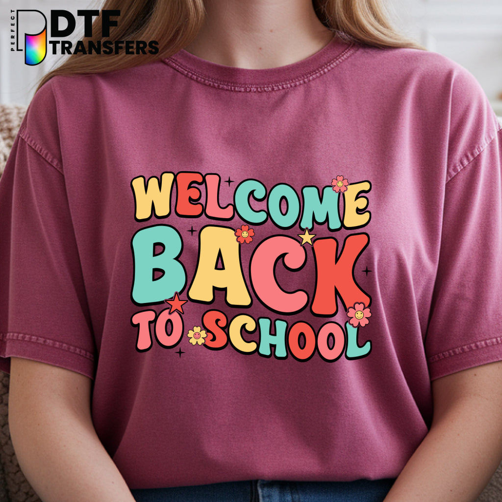Welcome Back to School – Colorful Wavy Stars and Flowers Teacher DTF Transfer