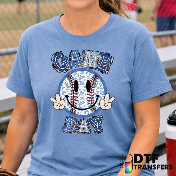 Baseball Game Day Smiley Face Blue Leopard – DTF Transfer