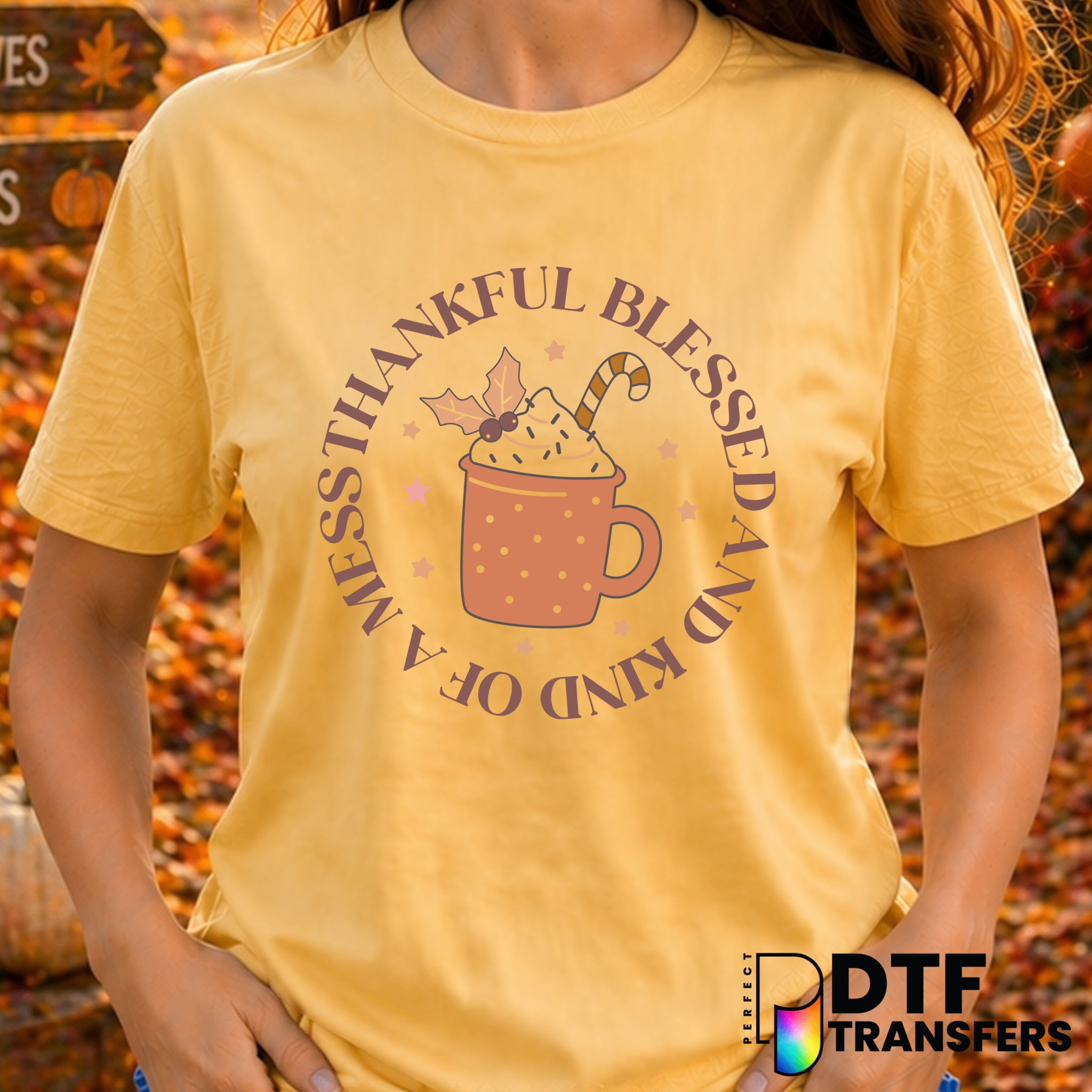 Thankful Blessed and Kind of A Mess – Thanksgiving DTF Transfer