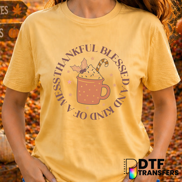 Thankful Blessed and Kind of A Mess – Thanksgiving DTF Transfer