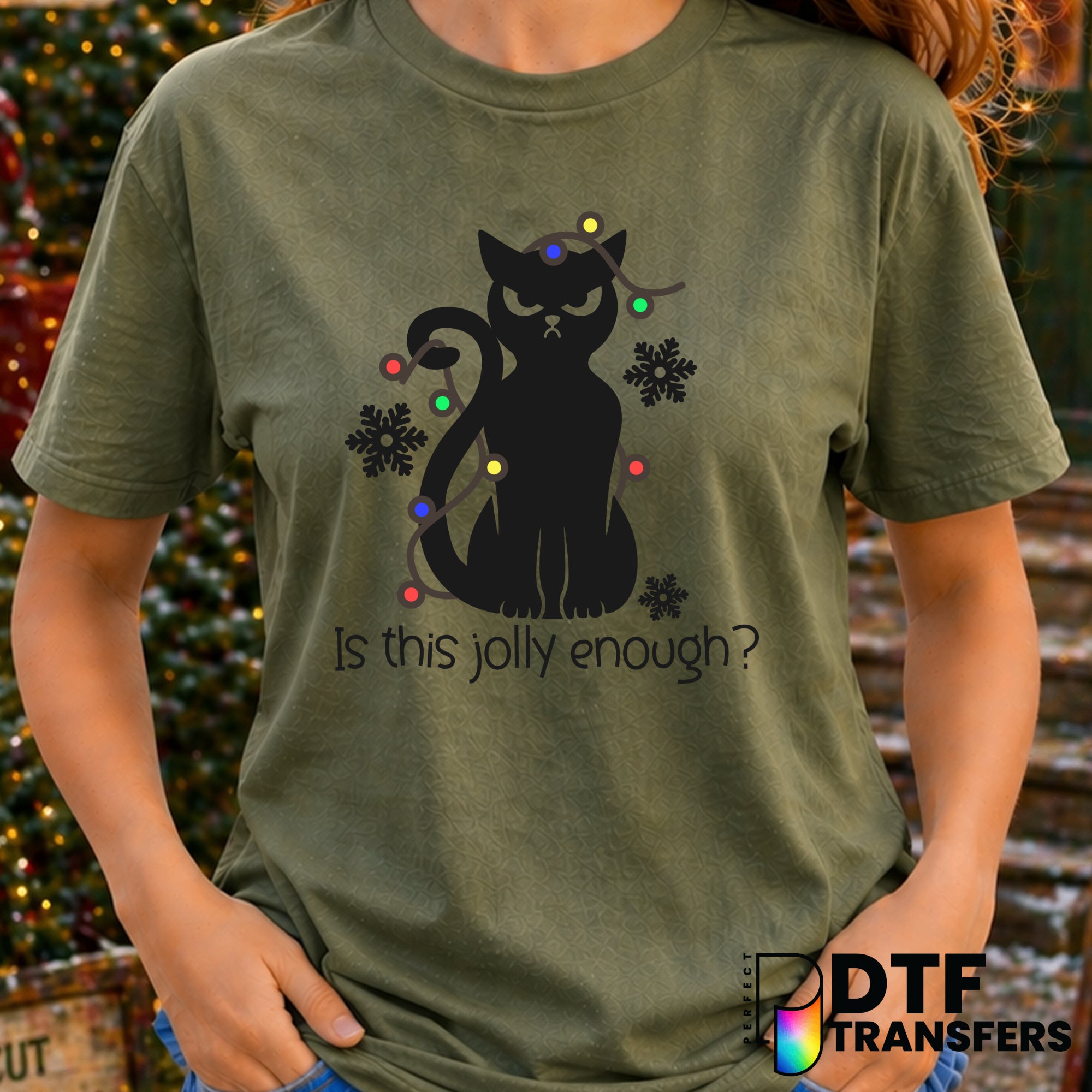 Is This Jolly Enough Funny Black Cat Christmas – DTF Transfer