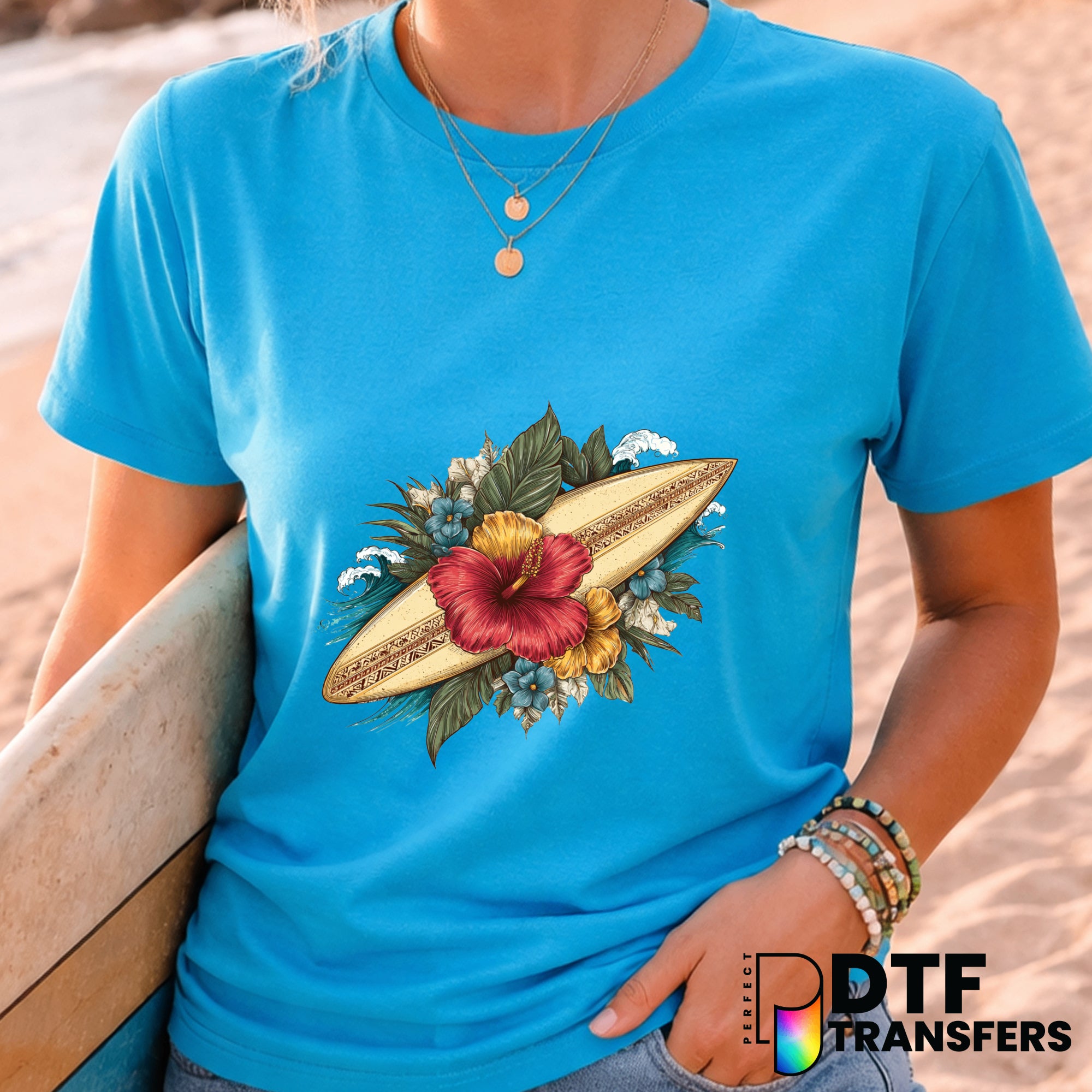 Retro Tropical W with Hibiscus – Surfing DTF Transfer
