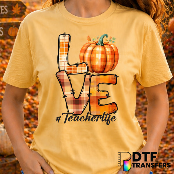 LOVE Stacked Plaid Pumpkin Thanksgiving Teacher Life – Thanksgiving DTF Transfer