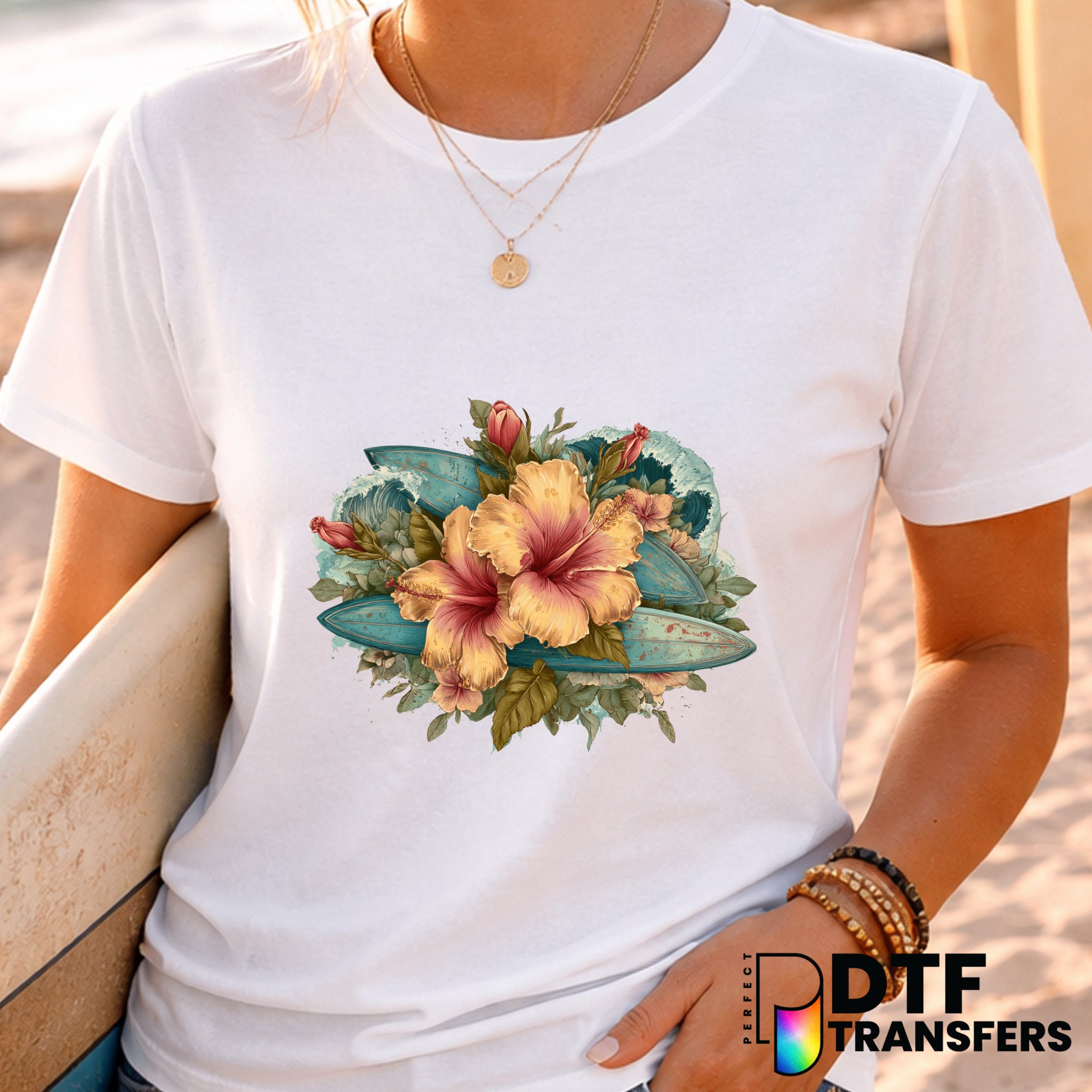 Retro Surfboard Tropical Flowers – Surfing DTF Transfer