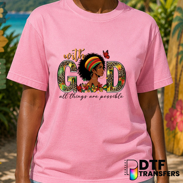 With God All Things Are Possible Leopard Butterflies Black History – Black History Month DTF Transfer