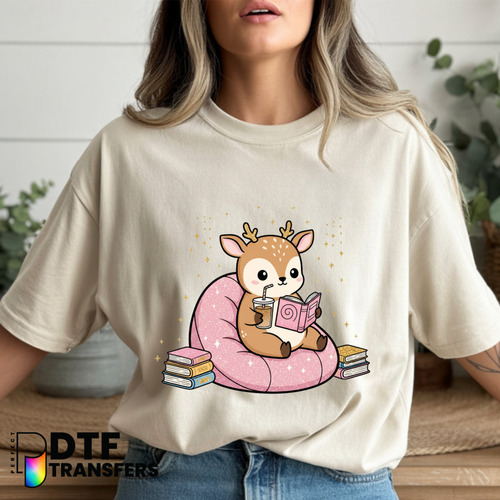 Bookish Cute Deer Reading Book – Teacher DTF Transfer