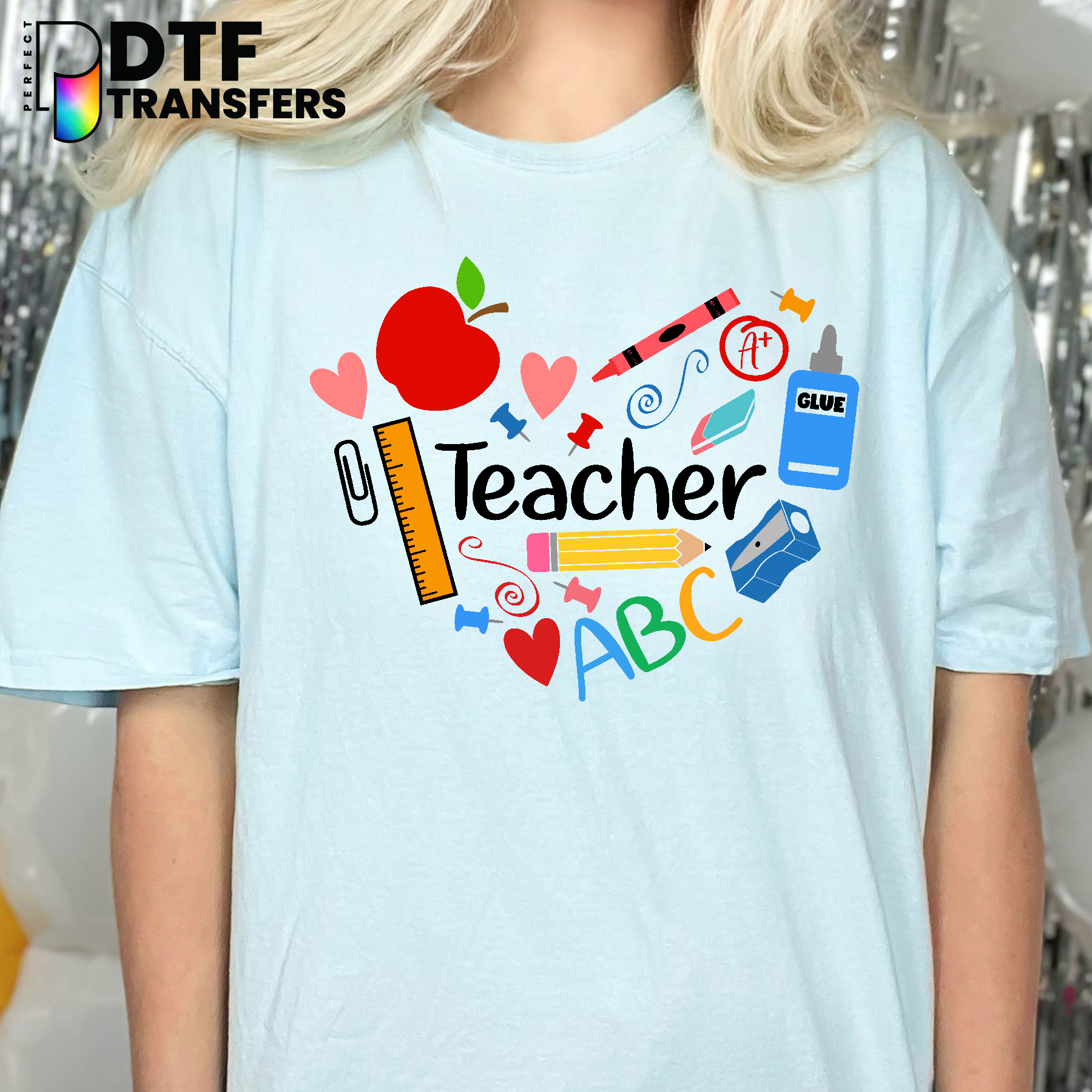 Colorful Crayon Heart 'Teacher' – Teacher DTF Transfer