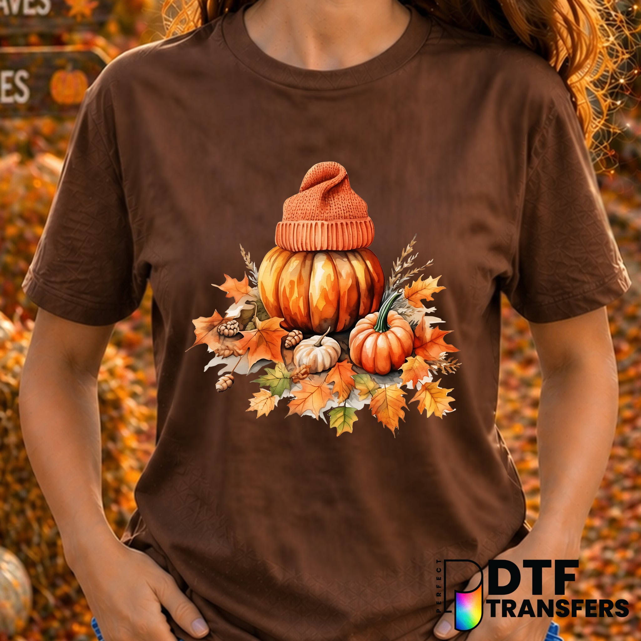 Pumpkin Beanie & Leaves – Thanksgiving DTF Transfer