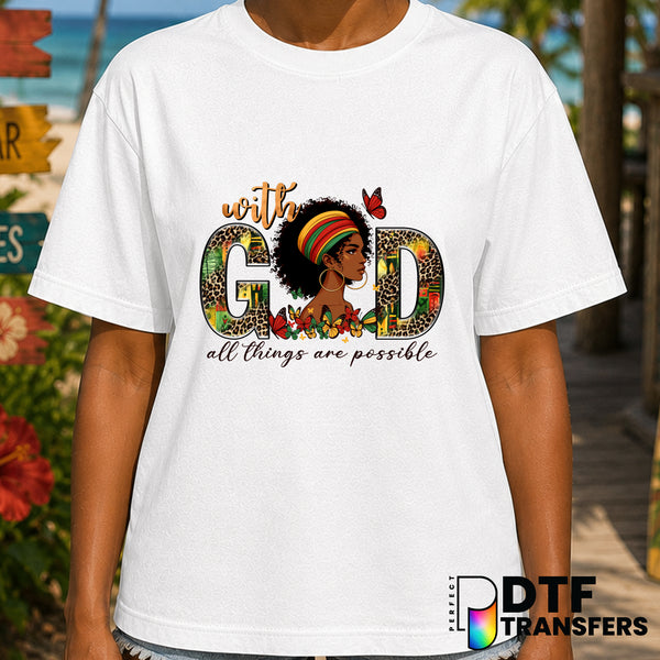 With God All Things Are Possible Leopard Butterflies Black History – Black History Month DTF Transfer