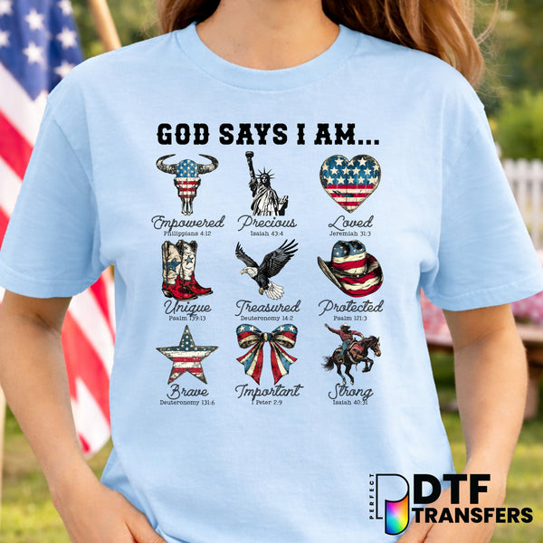 God Says I Am Patriotic Rope Western – Fourth of July DTF Transfer