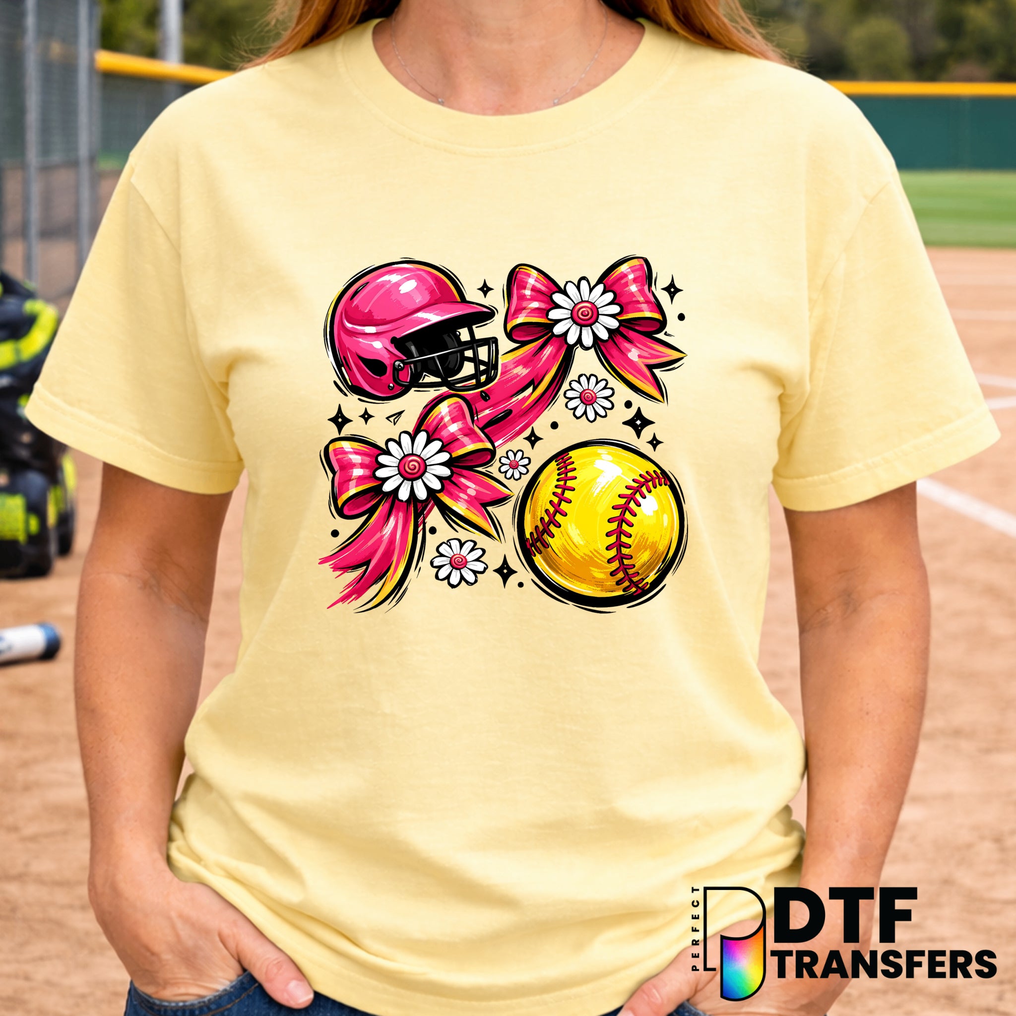 Pink Floral Bows Coquette Softball – DTF Transfer