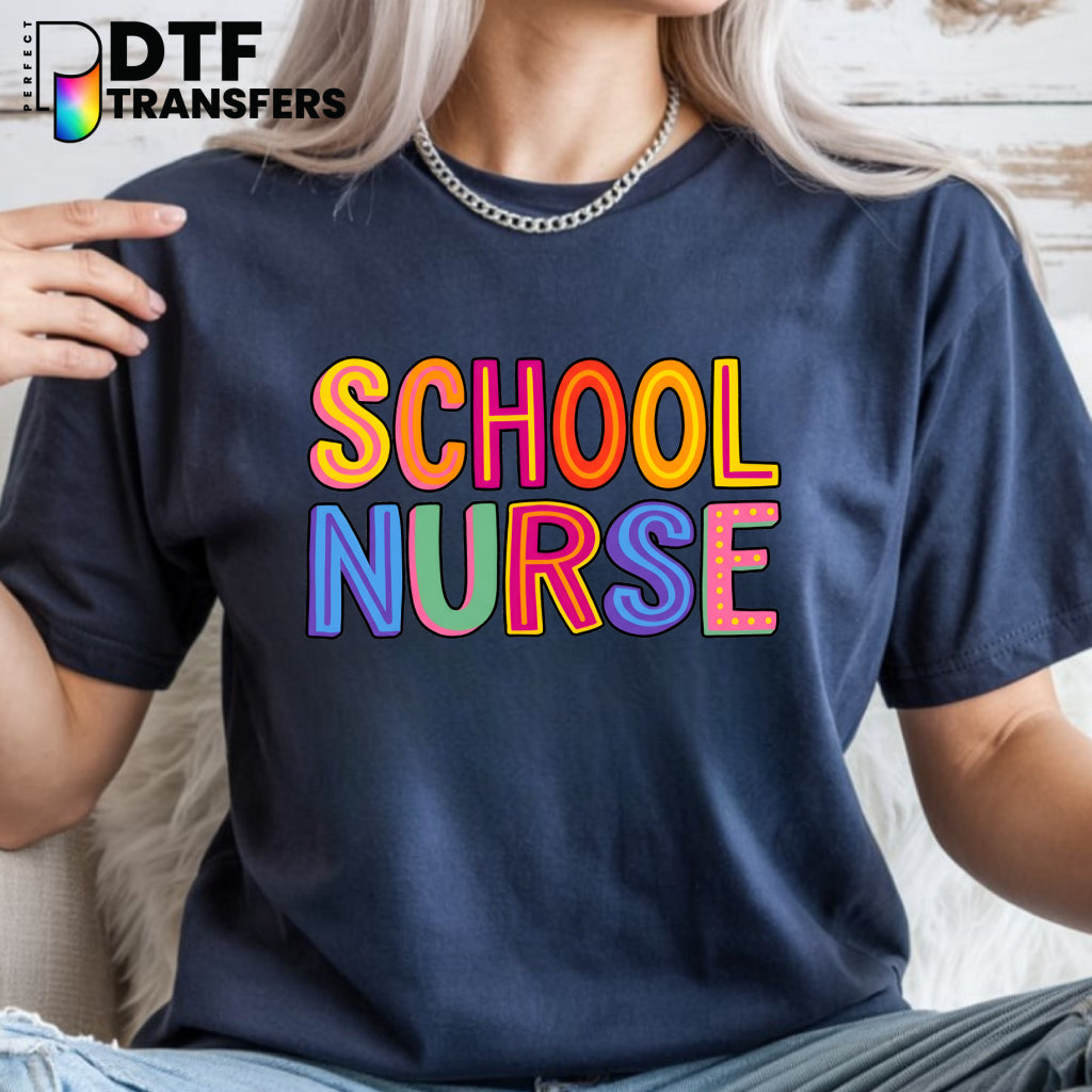 Retro Colorful SCHOOL NURSE Typography – School Nurse DTF Transfer