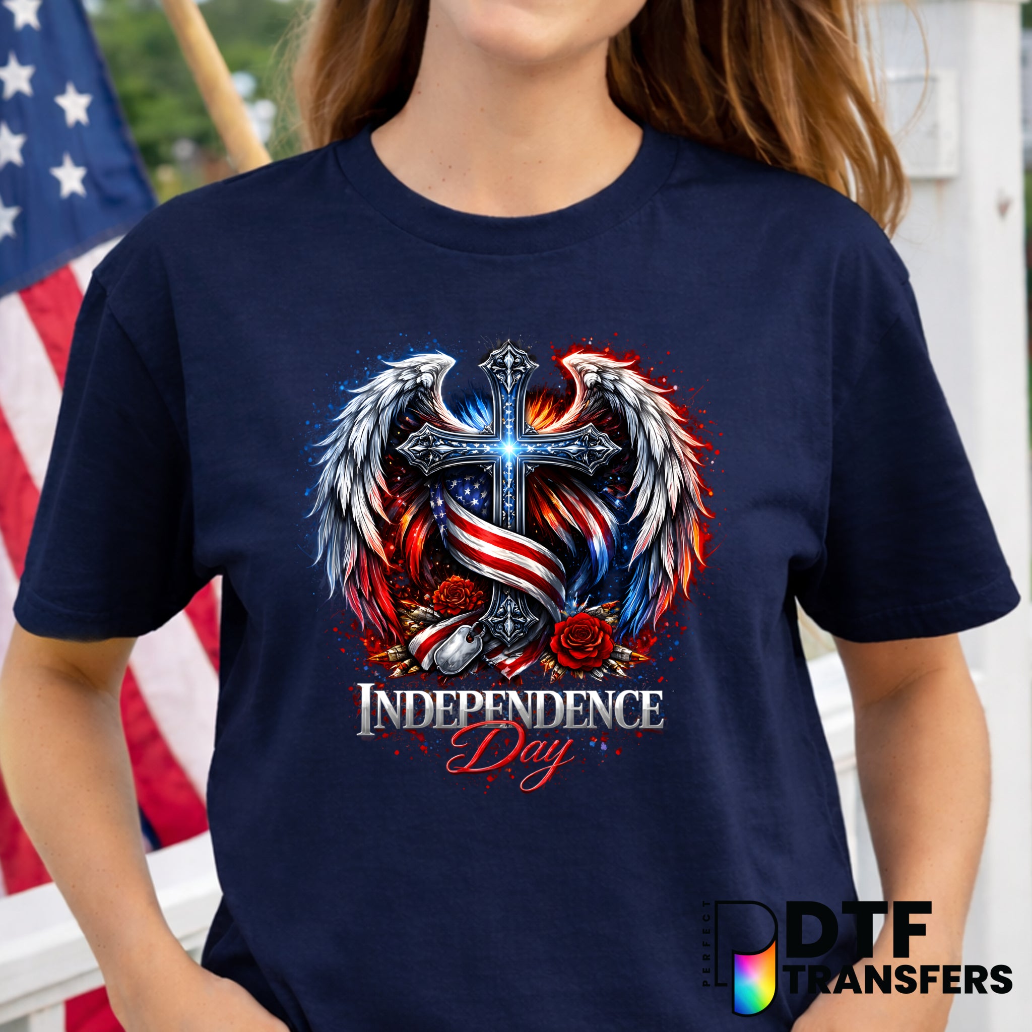 Patriotic Floral Cross with Wings – Fourth of July DTF Transfer