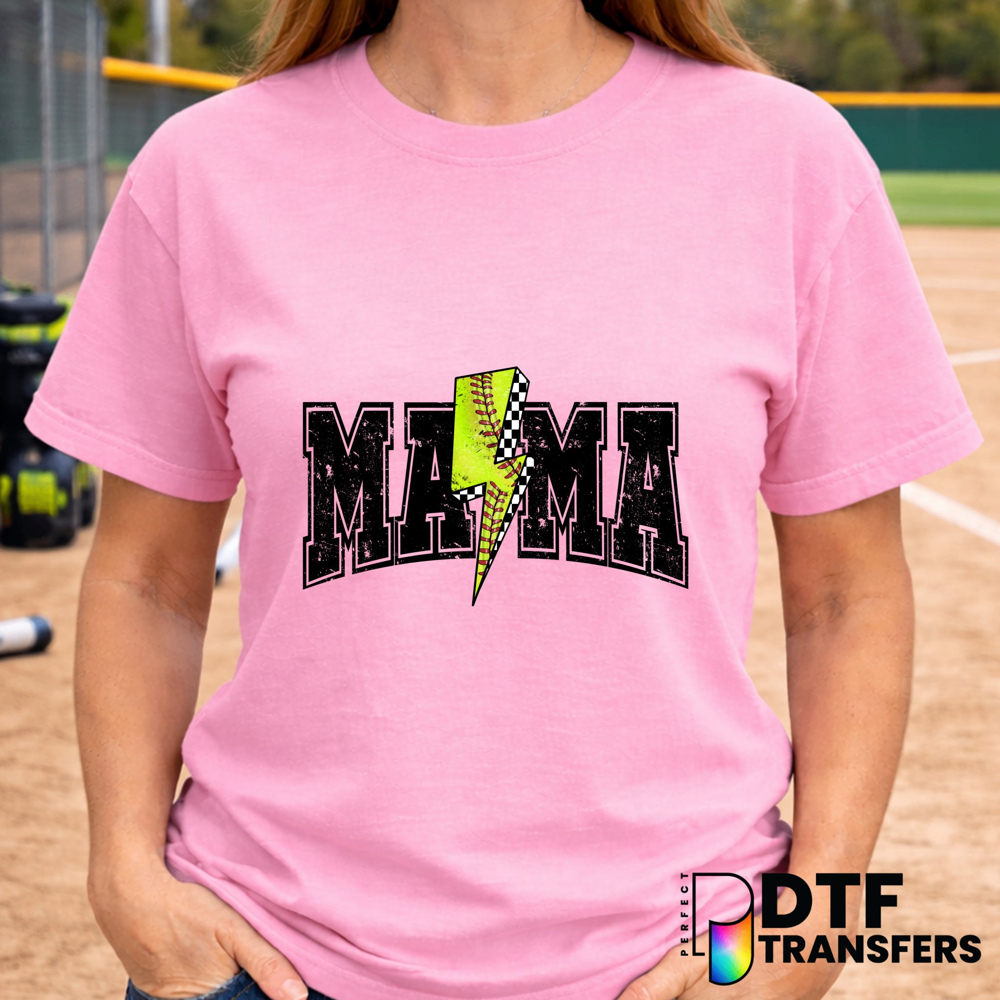 Mama Varsity Arch Softball Lightning Bolt Grunge DTF Transfer