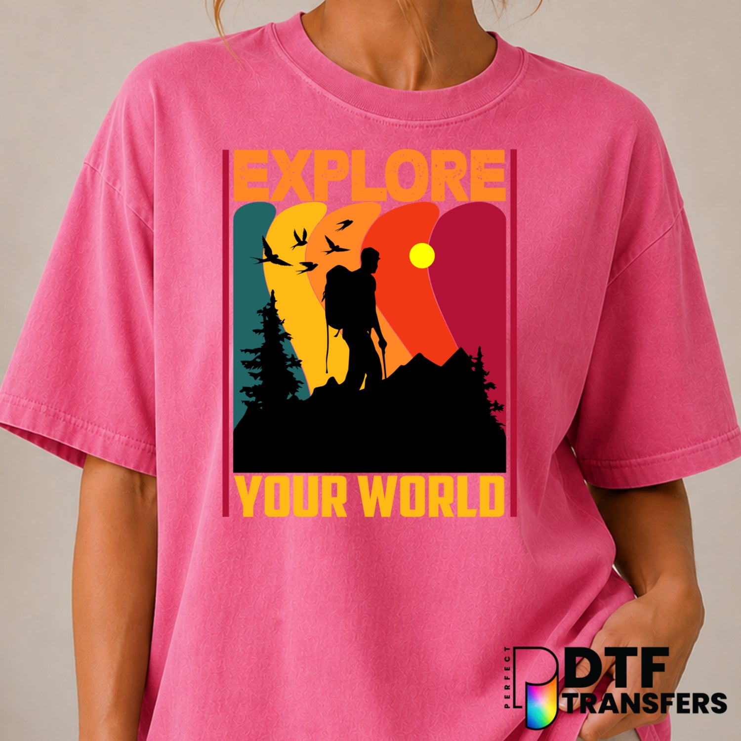 Explore Your World – Hiking DTF Transfer (view 2 of 2) – by Perfect DTF Transfers – Premade DTF Transfers – Hiking, Outdoor