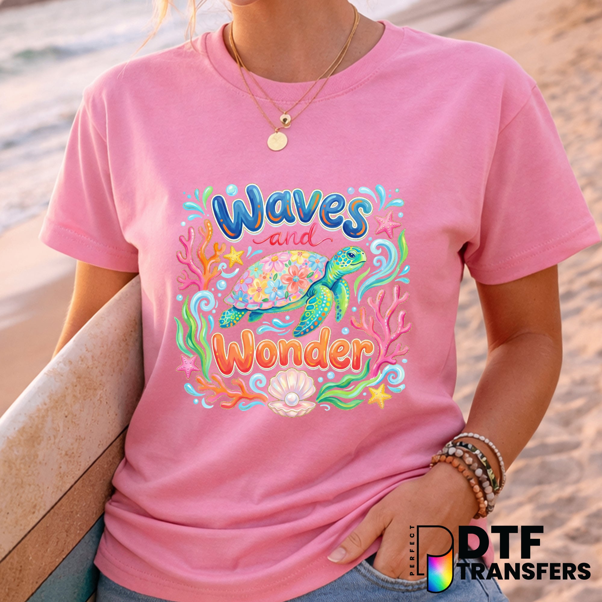 Floral Turtle Surfing – DTF Transfer