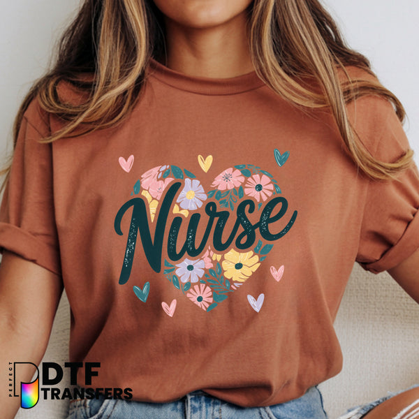 School Nurse Retro Floral Heart Script – School Nurse DTF Transfer