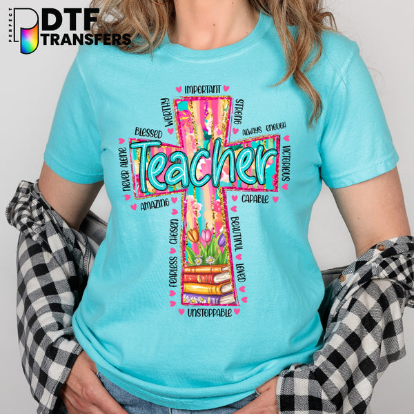 Faith Books Cross Floral – Religious Teacher DTF Transfer