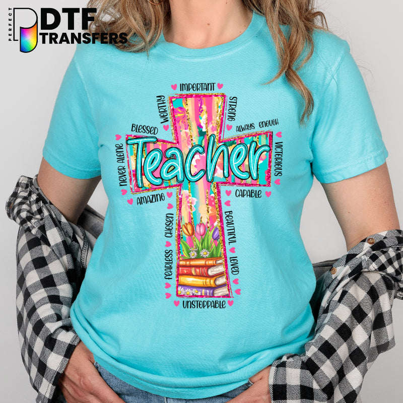 Faith Books Cross Floral – Religious Teacher DTF Transfer