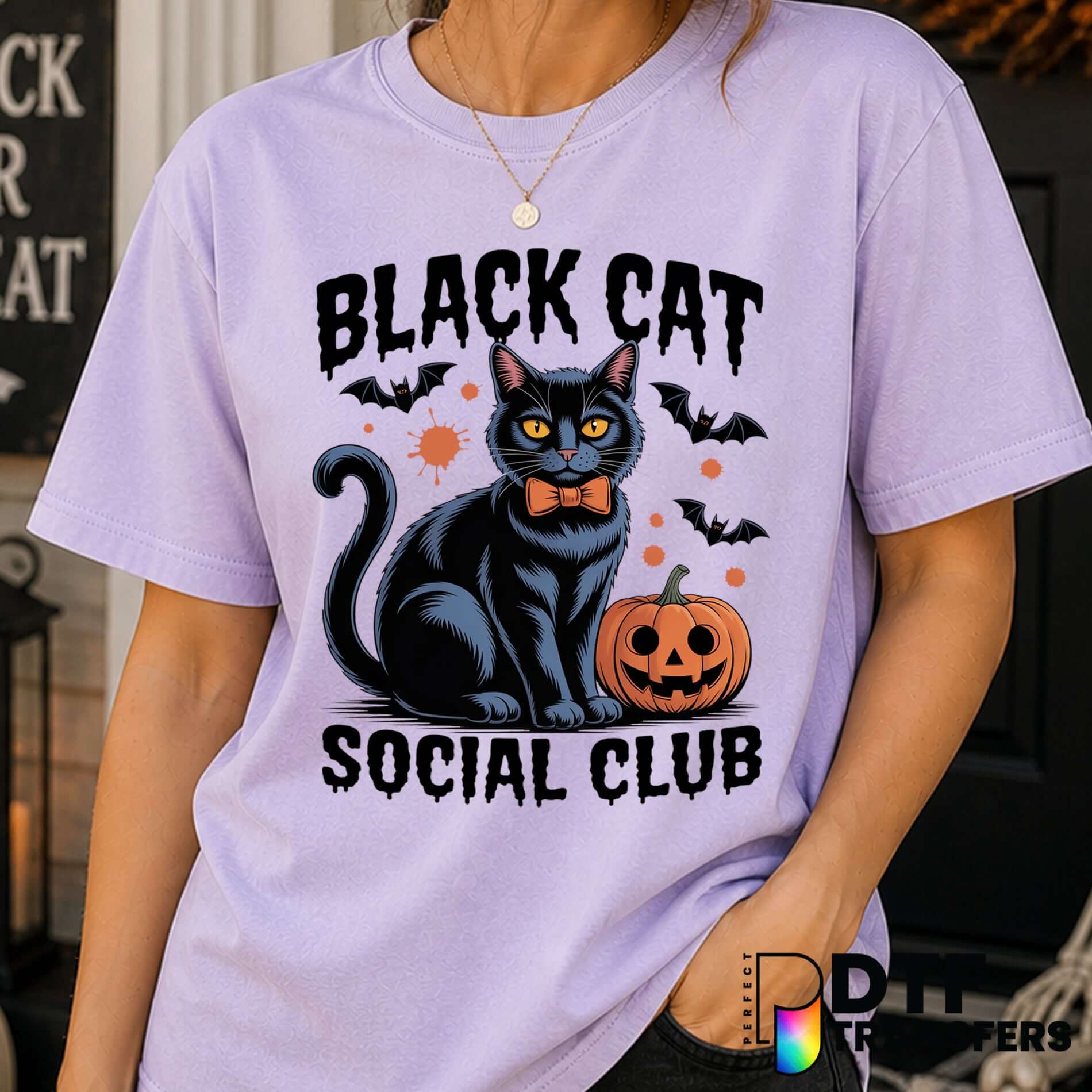 Black Cat Social Club Halloween Pumpkin Bats – Halloween DTF Transfer