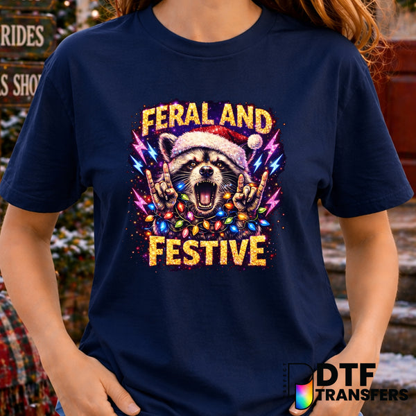 Feral and Festive Raccoon Christmas Lights – Christmas DTF Transfer
