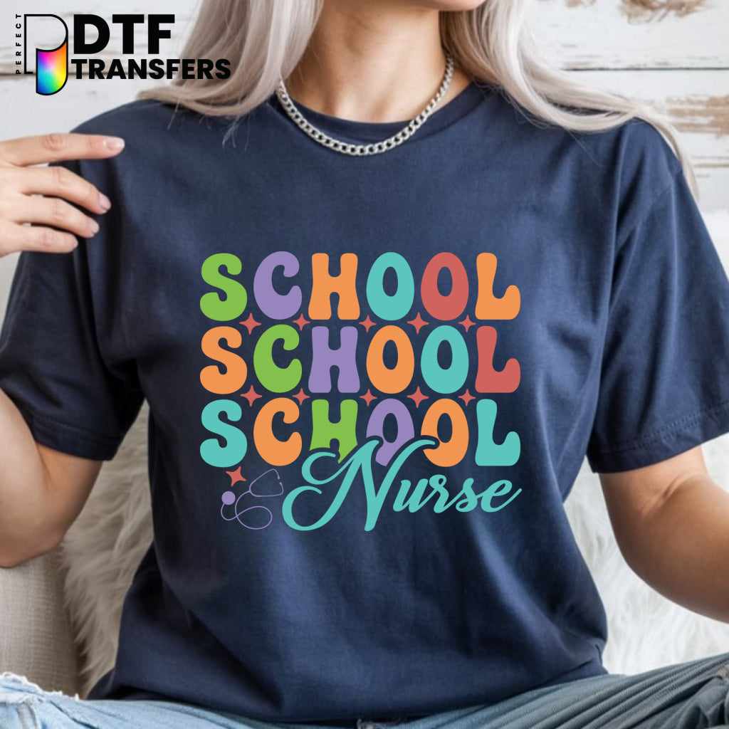 Rainbow Stacked School Nurse Script – School Nurse DTF Transfer