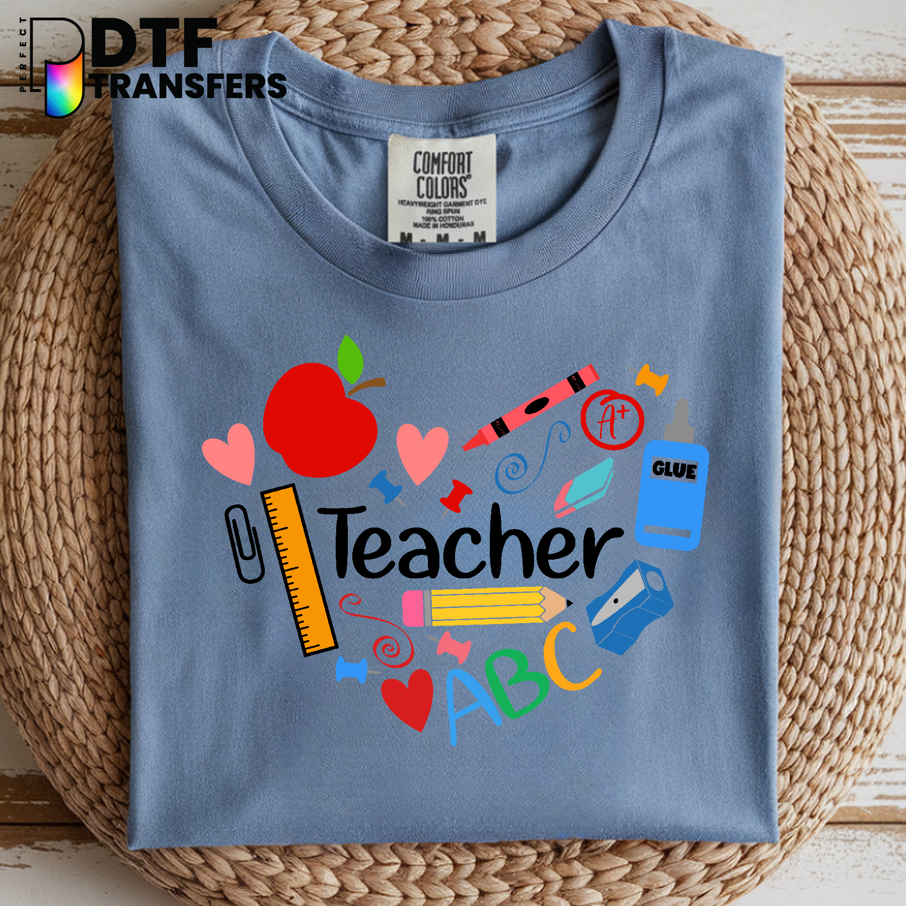 Colorful Crayon Heart 'Teacher' – Teacher DTF Transfer