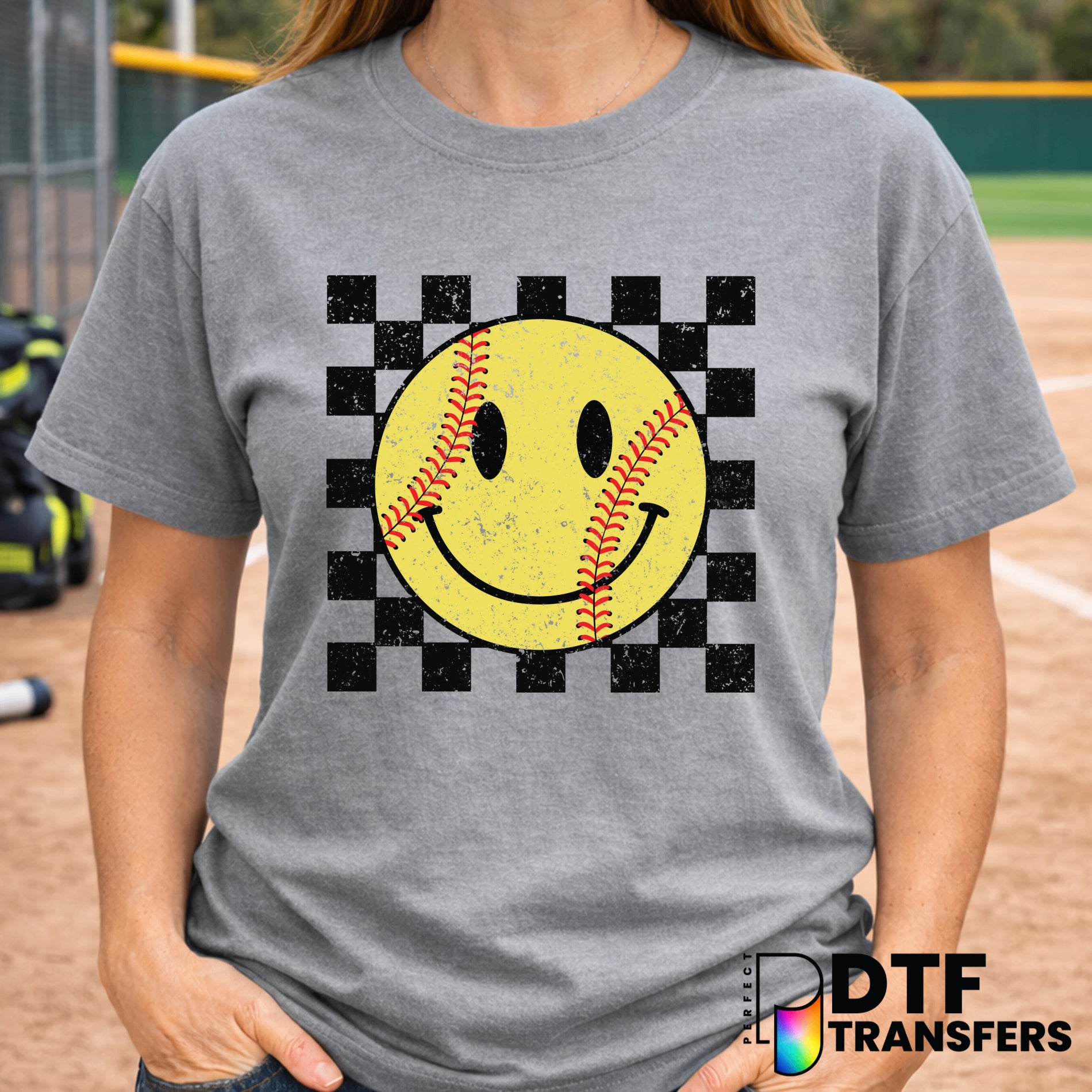 Retro Grunge Checkered Softball Smiley Face – DTF Transfer