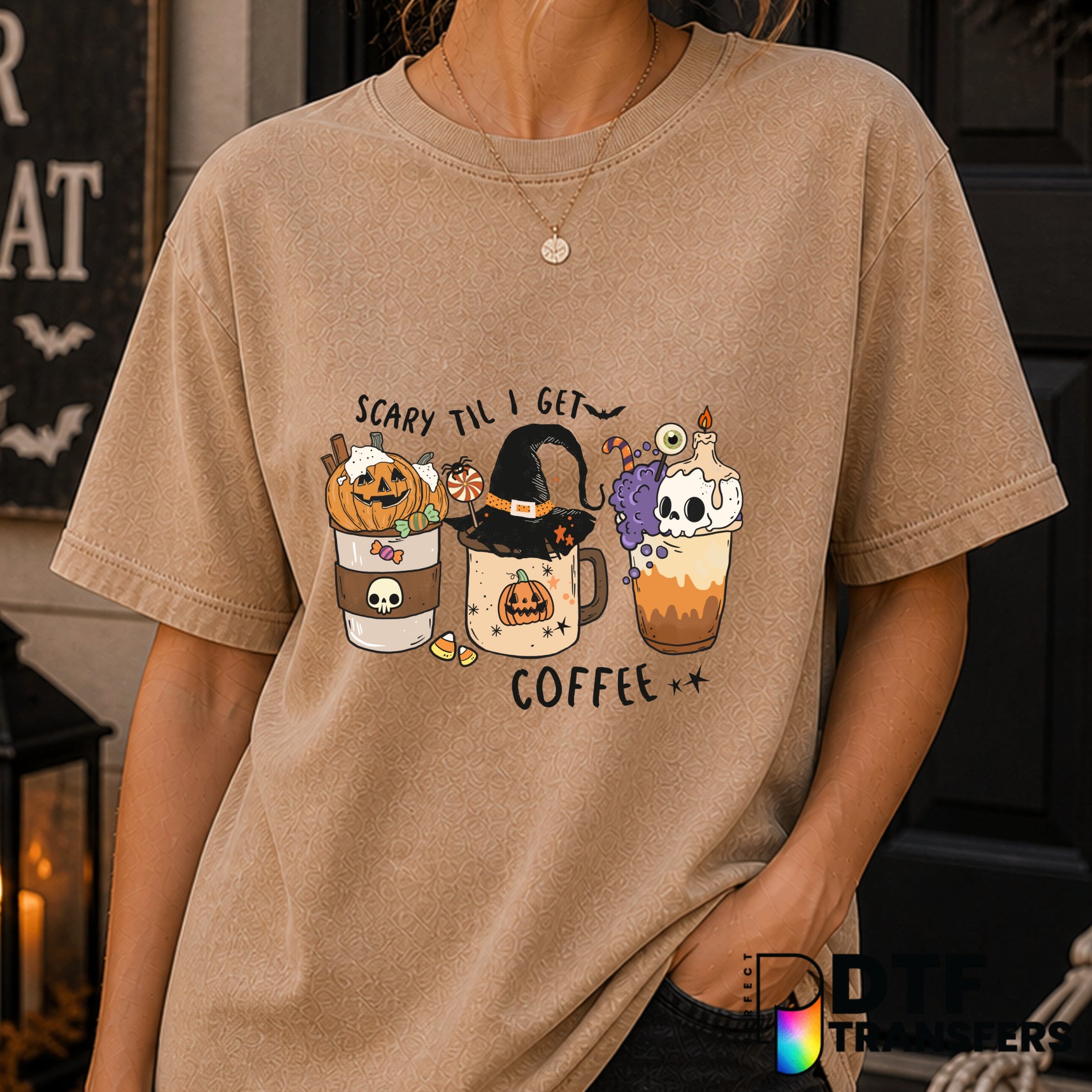 Scary Til I get Coffee – Halloween DTF Transfer