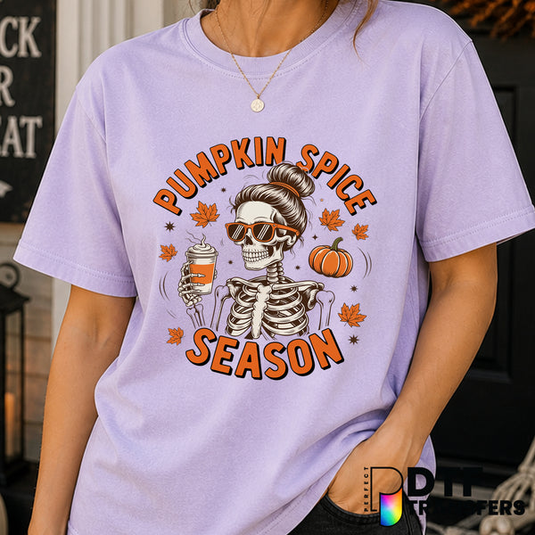 Pumpkin Spice Season Skeleton Fall Halloween Mom Messy Bun – Halloween DTF Transfer