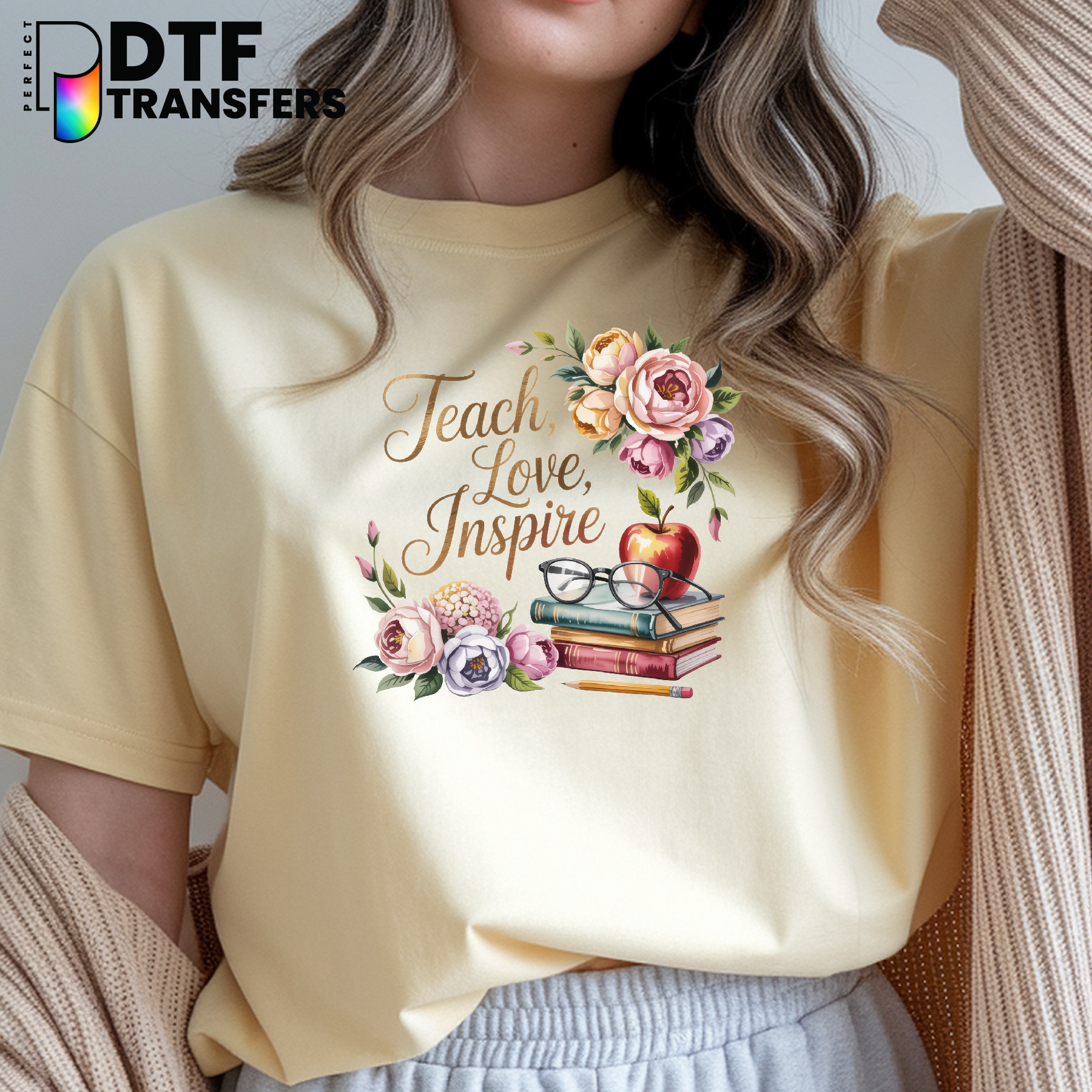 Teach Love Inspire Script with Apple – Teacher DTF Transfer