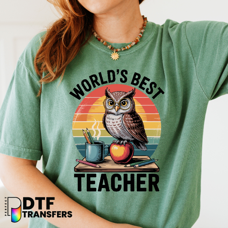"World's Best Teacher" Owl & Books – Teacher DTF Transfer
