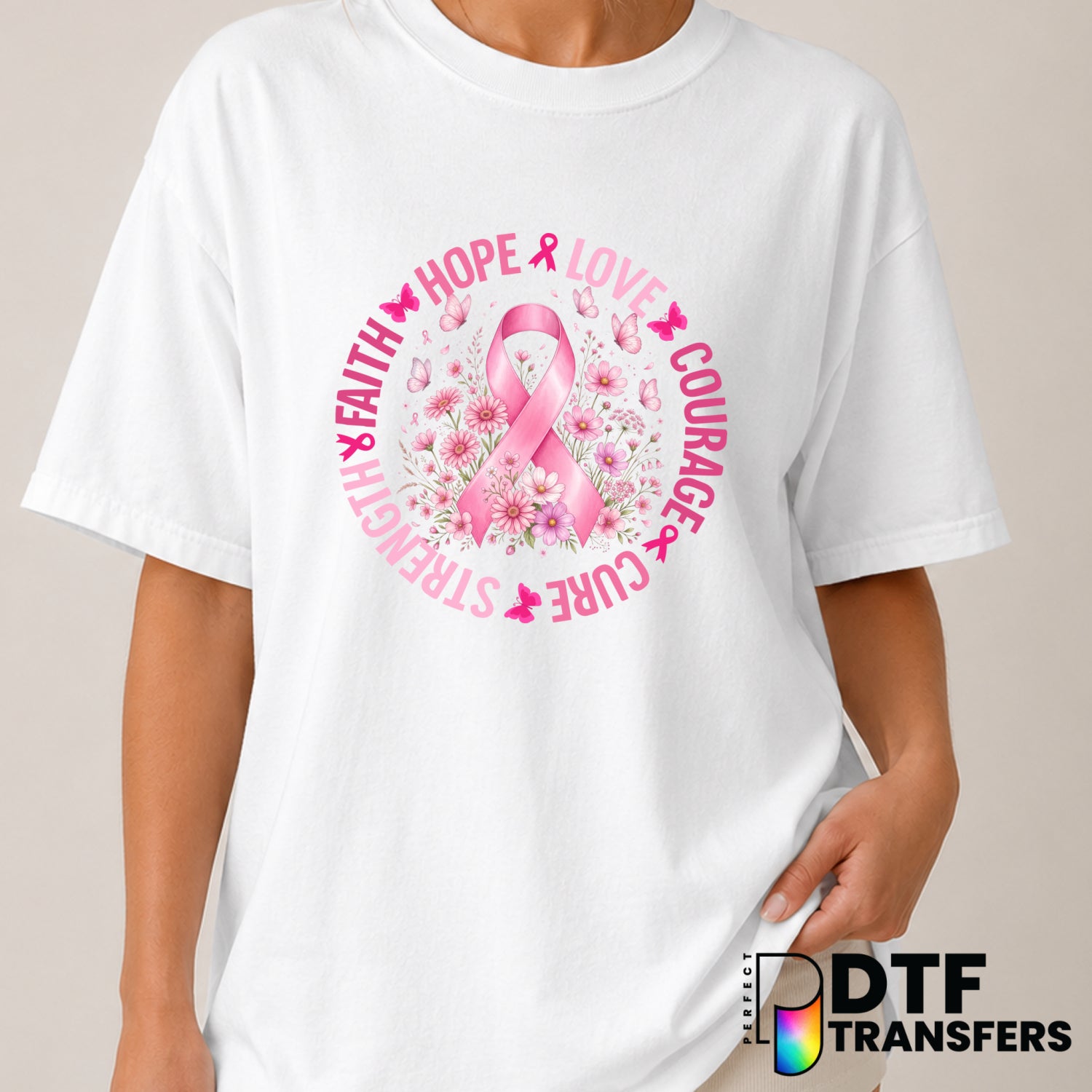 Faith Hope Love Cure Pink Ribbon – Cancer Awareness DTF Transfer (view 1 of 2) – by Perfect DTF Transfers – Premade DTF Tr...
