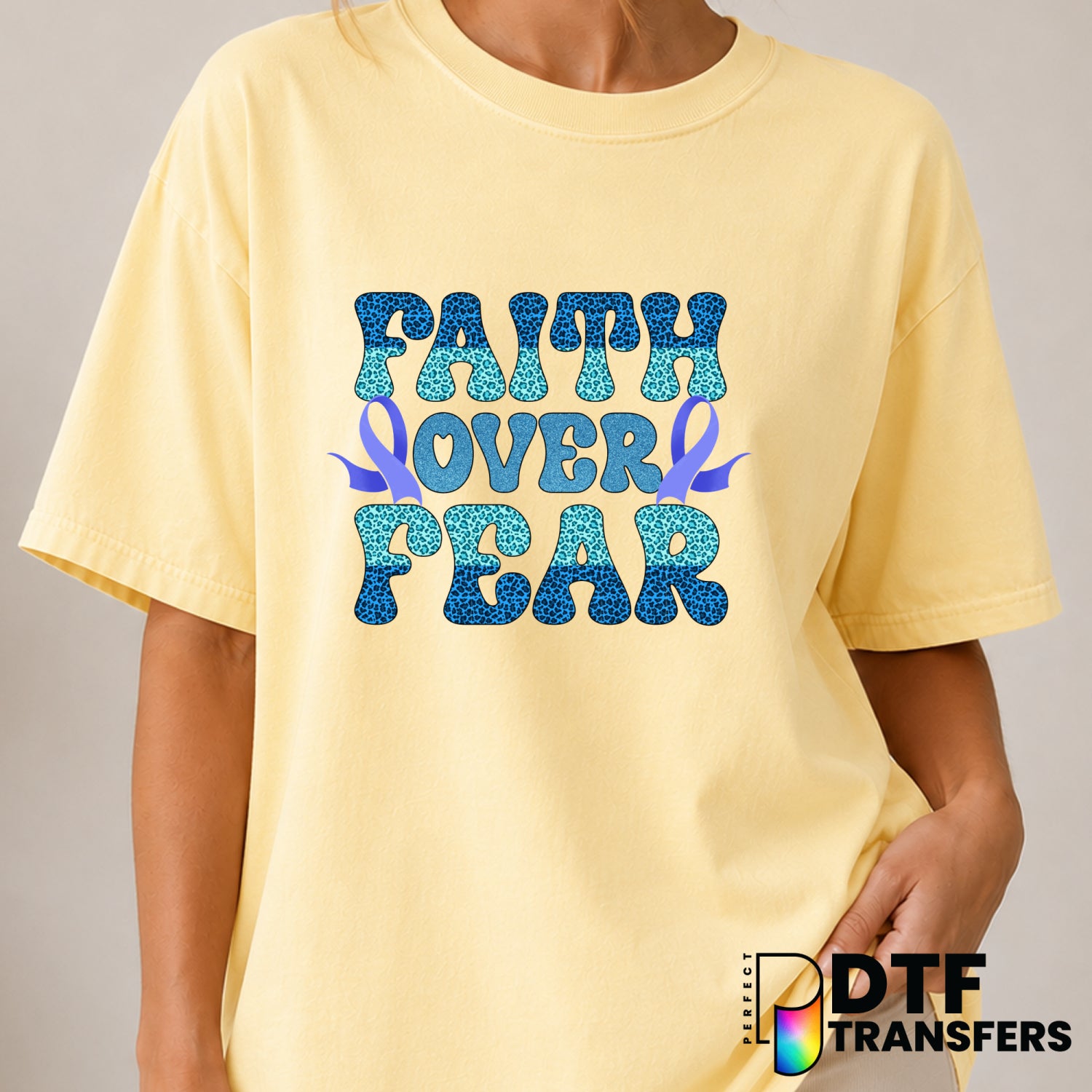 Faith Over Fear Leopard Ribbon – Diabetes Awareness DTF Transfer (view 2 of 2) – by Perfect DTF Transfers – Premade DTF Tr...