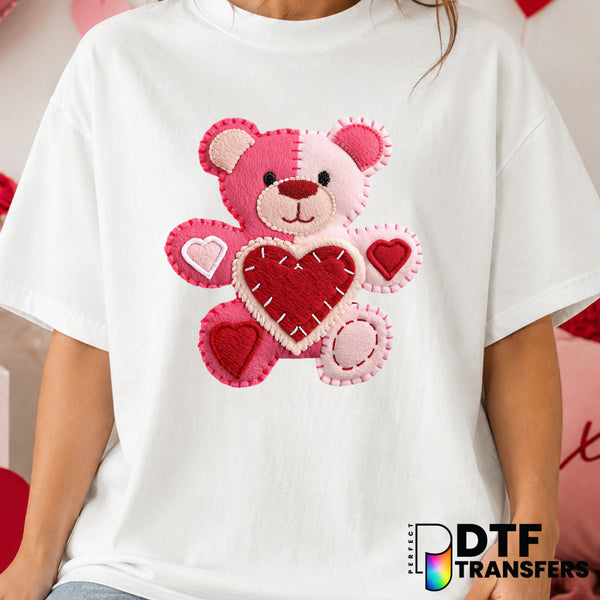 Faux Embroidery Patchwork Teddy Bear – Valentine's Day DTF Transfer (view 1 of 2) – by Perfect DTF Transfers – Premade DTF...