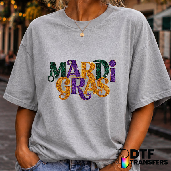 Faux Glitter Stacked Script Mardi Gras Mask – DTF Transfer (view 1 of 2) – by Perfect DTF Transfers – Premade DTF Transfer...