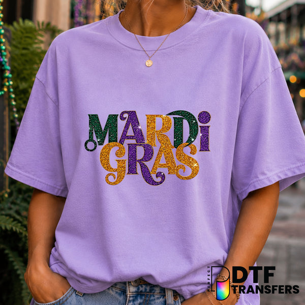 Faux Glitter Stacked Script Mardi Gras Mask – DTF Transfer (view 2 of 2) – by Perfect DTF Transfers – Premade DTF Transfer...