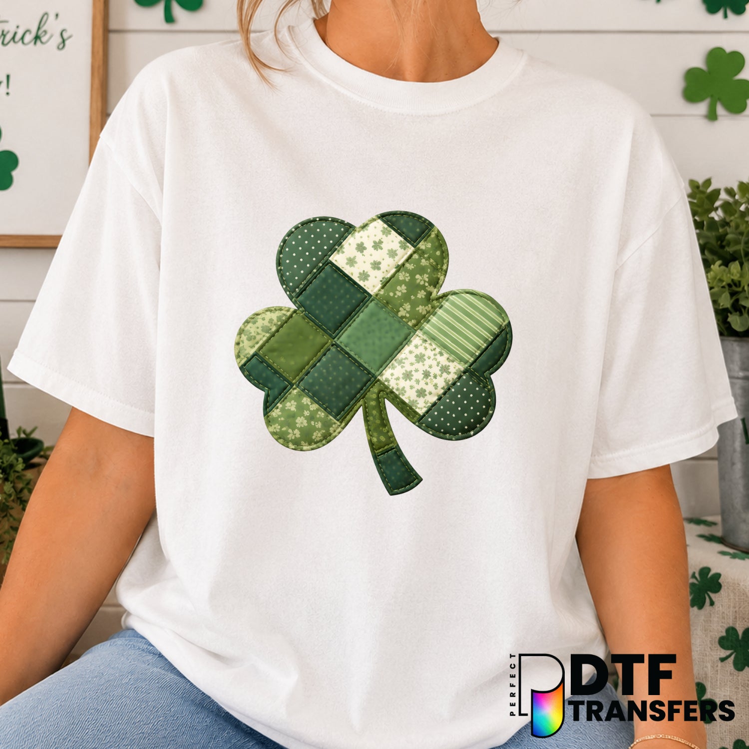 Faux Patchwork Coquette Shamrock – St. Patrick's Day DTF Transfer (view 1 of 2) – by Perfect DTF Transfers – Premade DTF T...