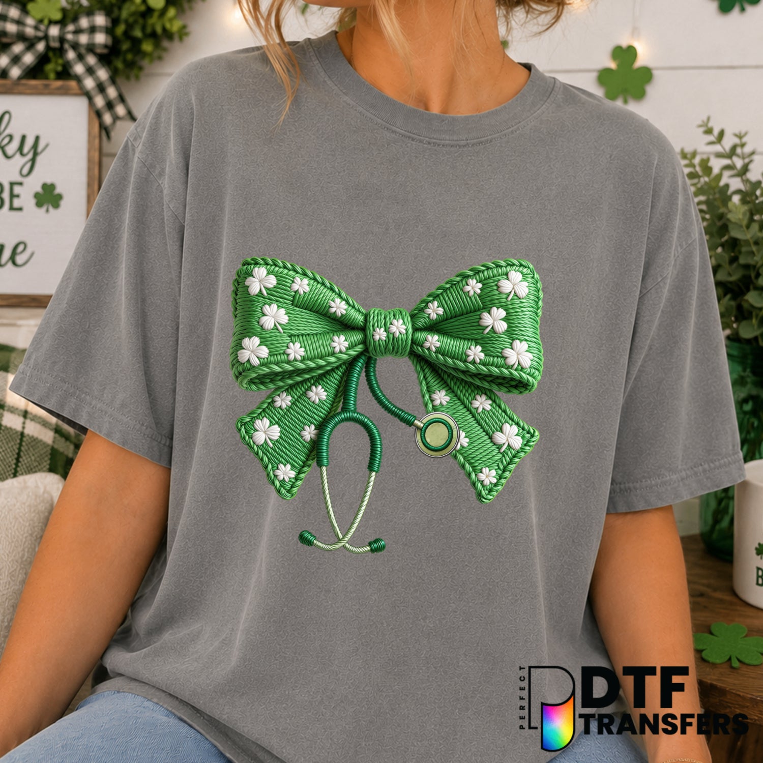 Faux Yarn Coquette Nurse Bow – St. Patrick's Day DTF Transfer (view 1 of 2) – by Perfect DTF Transfers – Premade DTF Trans...