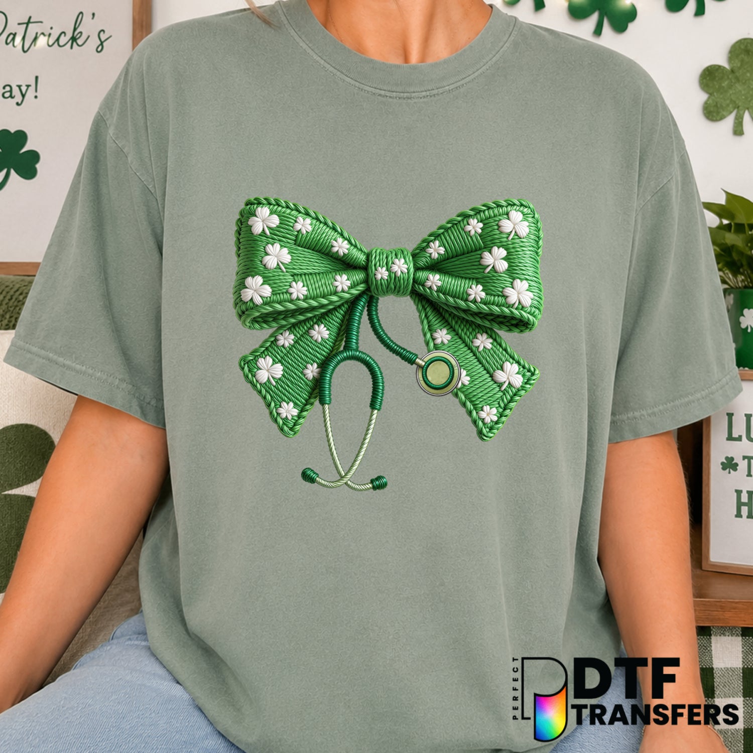 Faux Yarn Coquette Nurse Bow – St. Patrick's Day DTF Transfer (view 2 of 2) – by Perfect DTF Transfers – Premade DTF Trans...