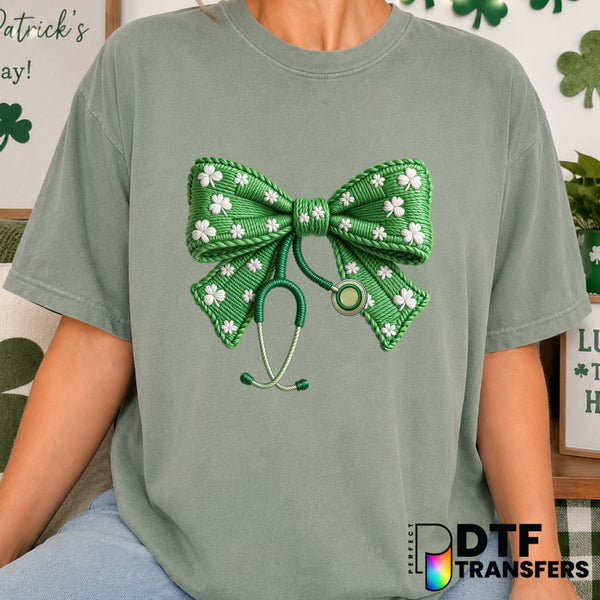Faux Yarn Coquette Nurse Bow – St. Patrick's Day DTF Transfer (view 2 of 2) – by Perfect DTF Transfers – Premade DTF Trans...