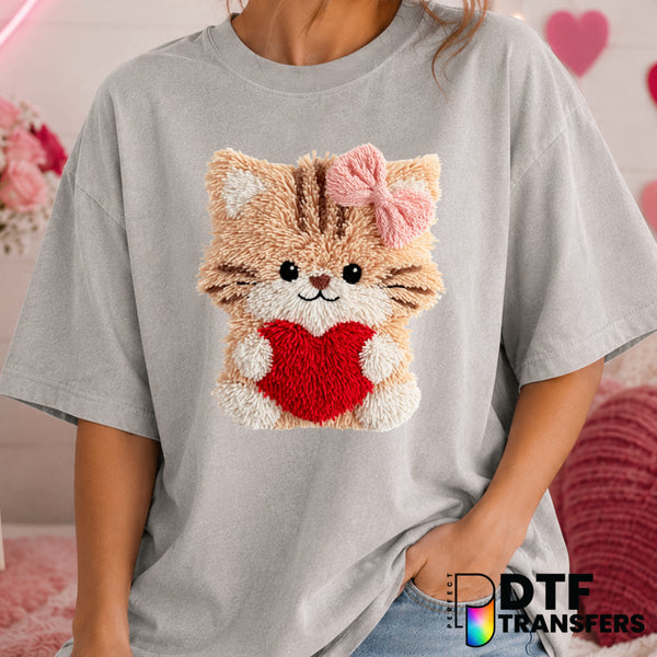 Faux Yarn Cute Cat Heart – Valentine's Day DTF Transfer (view 1 of 2) – by Perfect DTF Transfers – Premade DTF Transfers –...