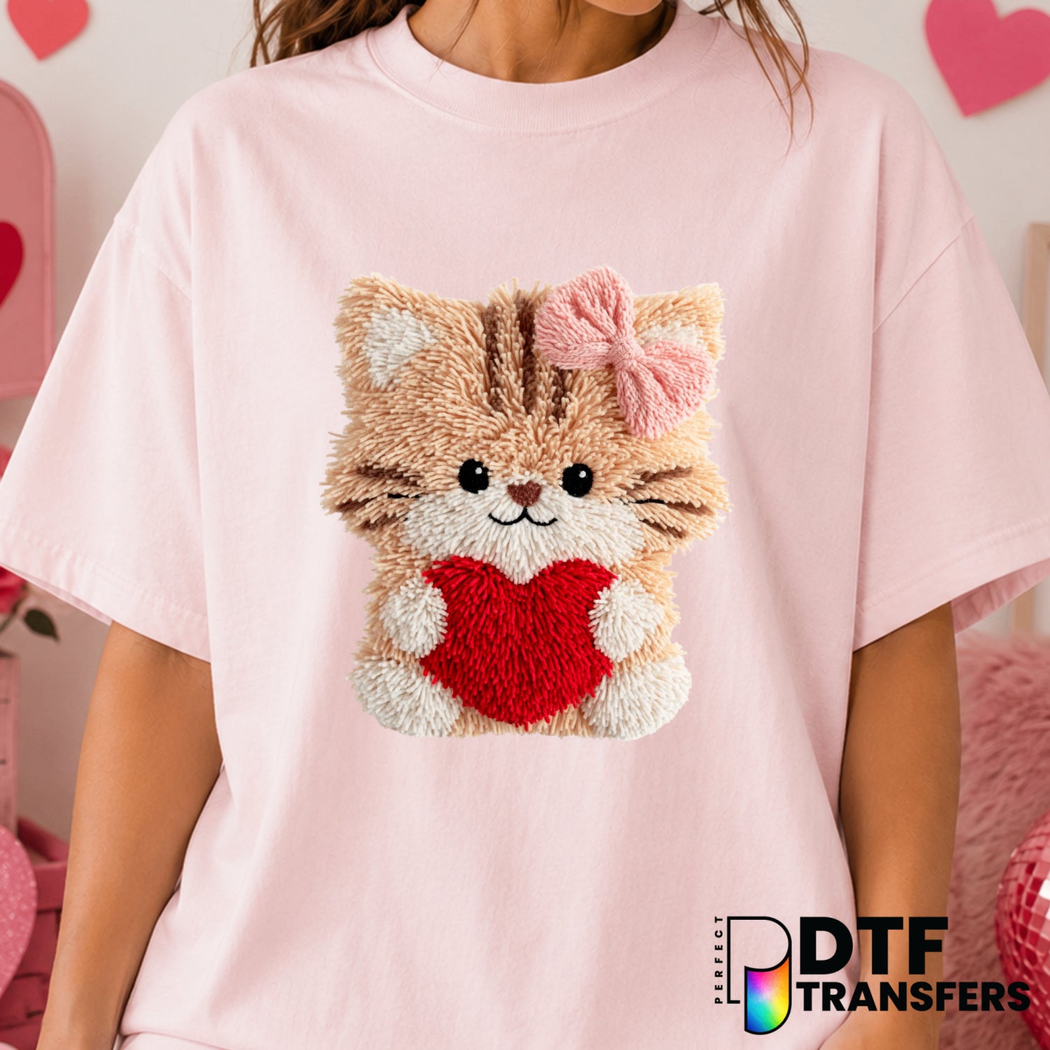 Faux Yarn Cute Cat Heart – Valentine's Day DTF Transfer (view 2 of 2) – by Perfect DTF Transfers – Premade DTF Transfers –...
