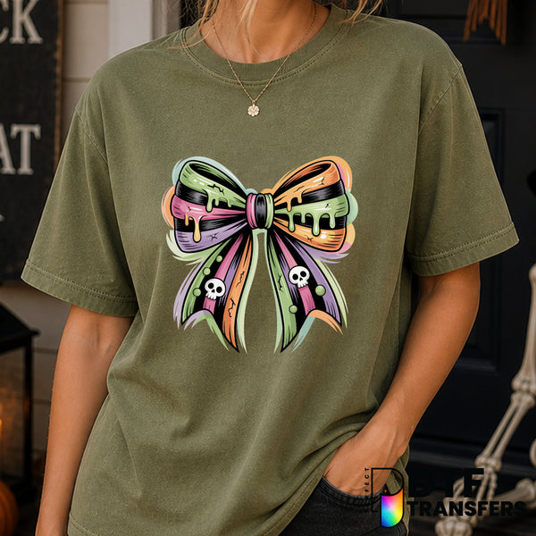 Coquette Colorful Striped Bow Skulls & Pumpkins – Halloween DTF Transfer